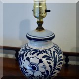 D030. Small blue and white ceramic lamp. No shade. 